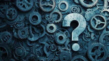 Metallic Question Mark Surrounded by Dark Blue and Silver Gears