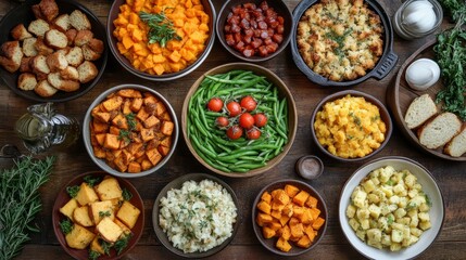 A table full of traditional Thanksgiving side dishes like green beans, sweet potatoes, and stuffing 