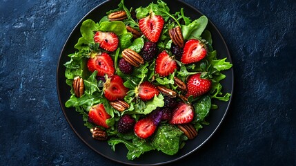 An elegant plating of fresh spring greens, strawberries, and pecans, artistically arranged on a deep navy blue background for contrast