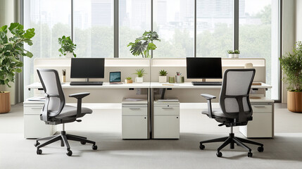 A modern office space with two workstations. Each features a computer, chair, storage cabinets, and plants, bathed in natural light from large windows.