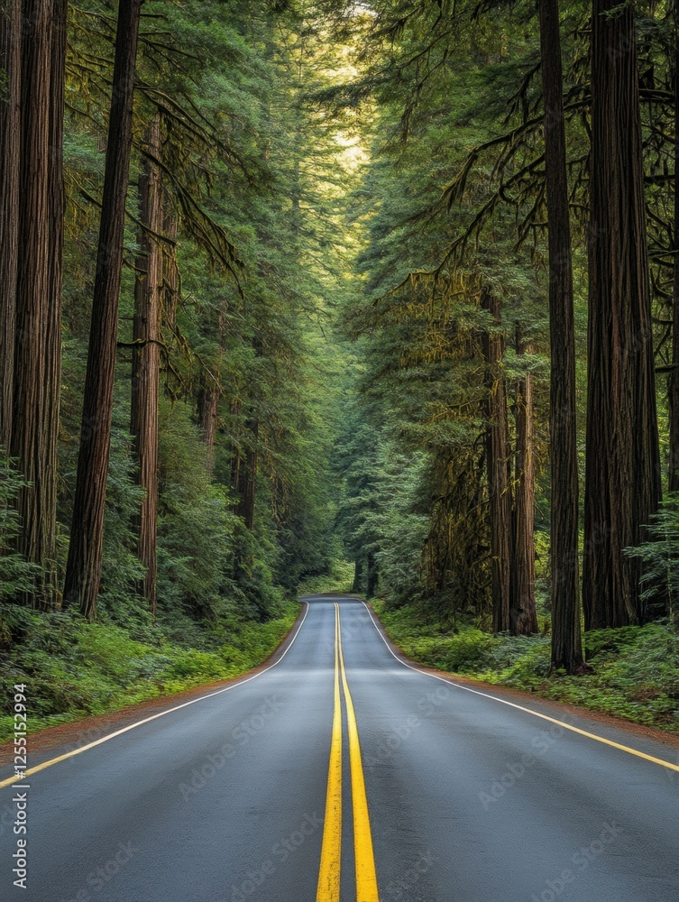 Poster curvy road leading through a lush forest with towering trees and dappled sunlight in midday. generat
