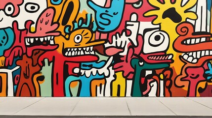 Obraz premium Colorful Urban Mural Displaying Abstract Characters and Expressions