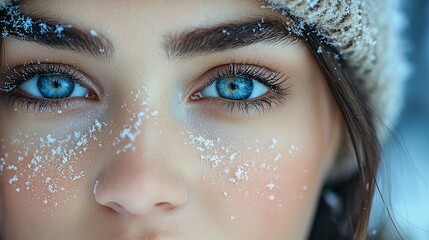 Close-up of a woman's face with snowflakes.
