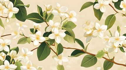 Obraz premium Delicate floral pattern featuring white blossoms and lush green leaves, perfect for nature-themed designs and backgrounds.