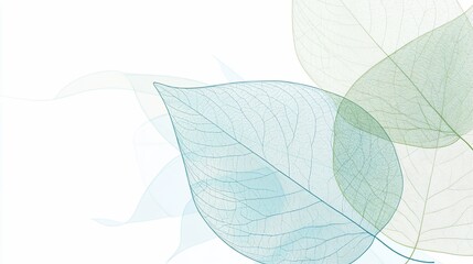 Translucent leaves, light green and blue, on white background.