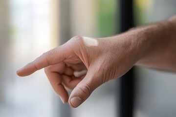 Hand pointing while displaying a small bandage on the palm in a well-lit indoor space