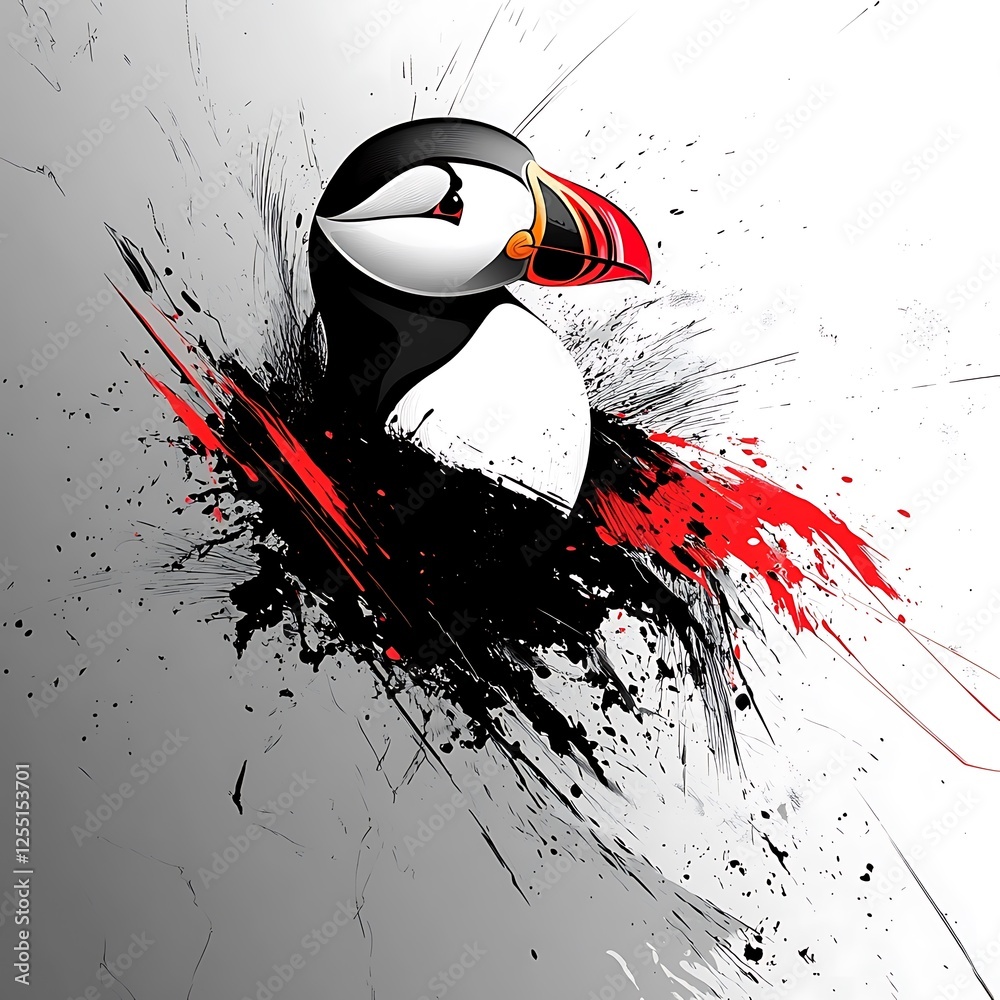 Poster artistic puffin portrait with abstract background