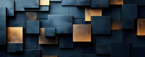 Abstract Cube Wall, Gold, Dark Blue, Background, Texture