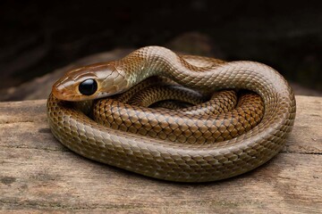 Fototapeta premium Green Snake Coiled on Wooden Surface