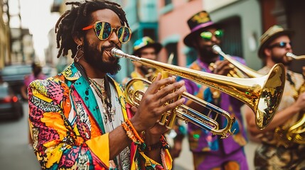 Fototapeta premium Vibrant Street Parade Musician Playing Brass Trumpet Colorful Clothing Festive Music Performance Energetic Rhythm Happy Celebration Joyful Outdoor 