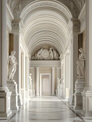 A palatial corridor with classical sculptures, marble columns, and a centered white frame.