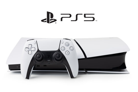 Dnipro Ukraine - dec 29, 2024: New Playstation 5 slim models and controller in isolated background