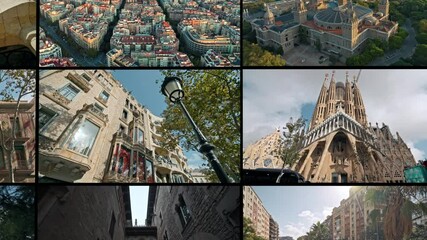 Video collage of various shots of the architecture of the urban landscape of Barcelona. Tourist streets, traffic on the road in Catalonia, Spain. High quality 4k footage