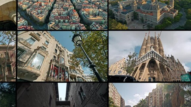 Video collage of various shots of the architecture of the urban landscape of Barcelona. Tourist streets, traffic on the road in Catalonia, Spain. High quality 4k footage