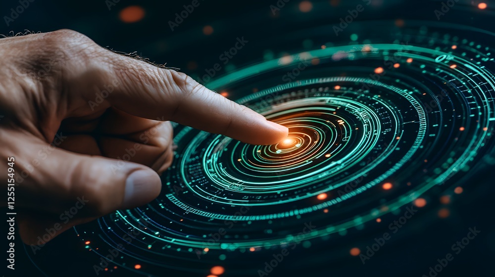 Poster hand touching futuristic interface with circular data patterns