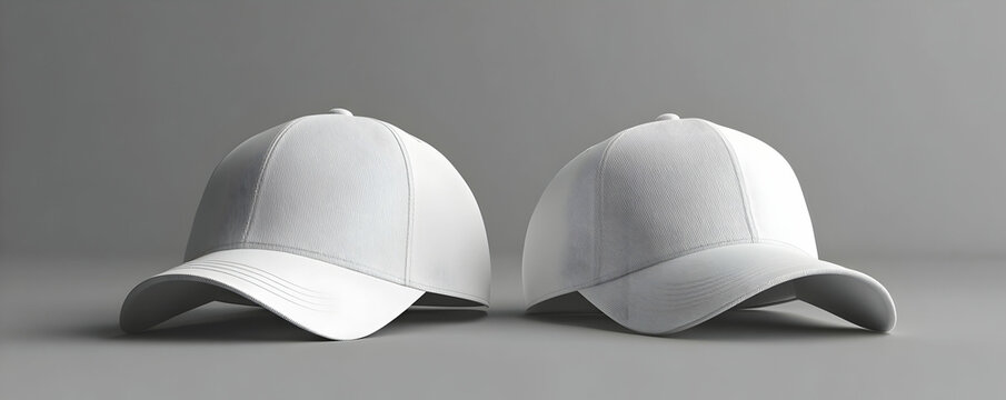 Two white caps, studio shot, gray background, mockup