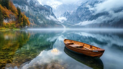 A small wooden boat floats on a foggy lake, its mirror-like surface reflecting distant mountains, creating a serene and tranquil scene perfect for nature lovers.

