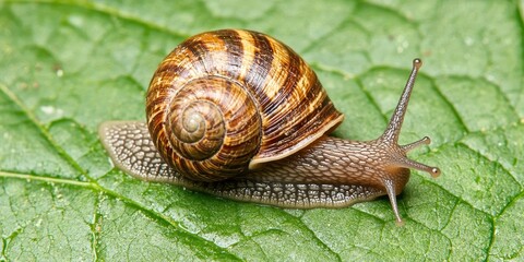 World wildlife day with conservation and awareness idea. Close-up of a snail on a green leaf surface.