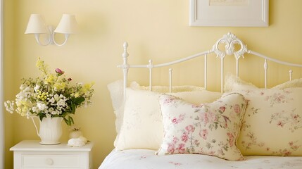 A pale yellow bedroom with vintage details, floral pillows, and a white frame.