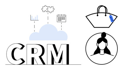 CRM acronym with cloud, bar chart, puzzle piece, calendar, handbag, and customer profile icons. Ideal for business management, sales strategy, customer service data integration e-commerce