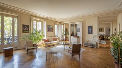 Fototapeta premium A Parisian-inspired apartment with herringbone wooden floors, soft beige walls, and a centered white frame.