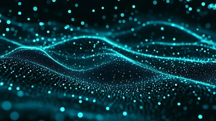 Abstract Digital Landscape with Blue Particles and Waves of Light