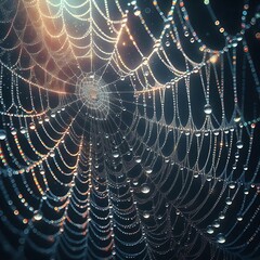 Naklejka premium Close-Up of Dew-Covered Spiderweb with Rainbow Refraction