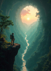 Fototapeta premium Astronaut on Cliff Overlooking River Valley at Sunset in Fantasy Landscape