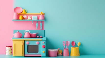Colorful toy kitchen, pastel colors, 3d rendering, kids play