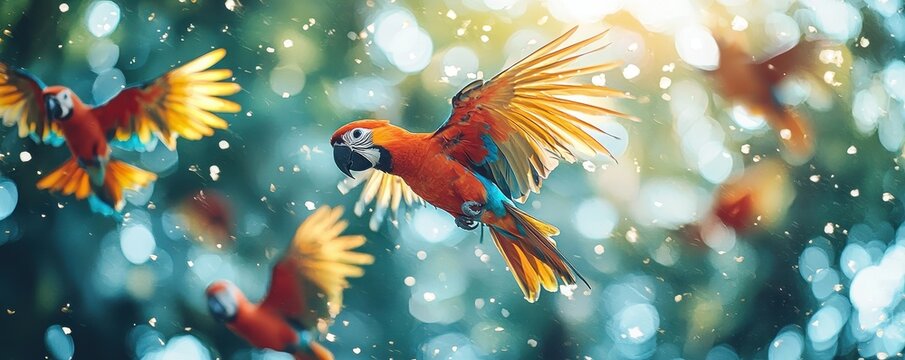 World wildlife day with conservation and awareness idea. Colorful macaws flying in a vibrant natural setting.