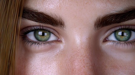 Fototapeta premium Close up portrait of a person with expressive eyes and soft skin, illuminated by light, with a hint of sparkle on eyebrows and hair, in a studio