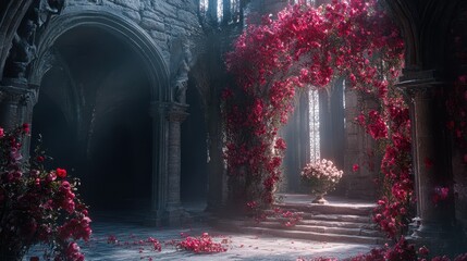 Romantic floral cascade in a forgotten ancient stone hall display