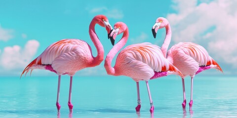 Obraz premium World wildlife day with conservation and awareness idea. Three pink flamingos standing in shallow water.