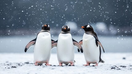 Obraz premium World wildlife day with conservation and awareness idea. Three penguins standing together in falling snow.