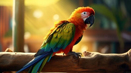 Vibrant scarlet macaw perched gracefully in sunlight tropical setting