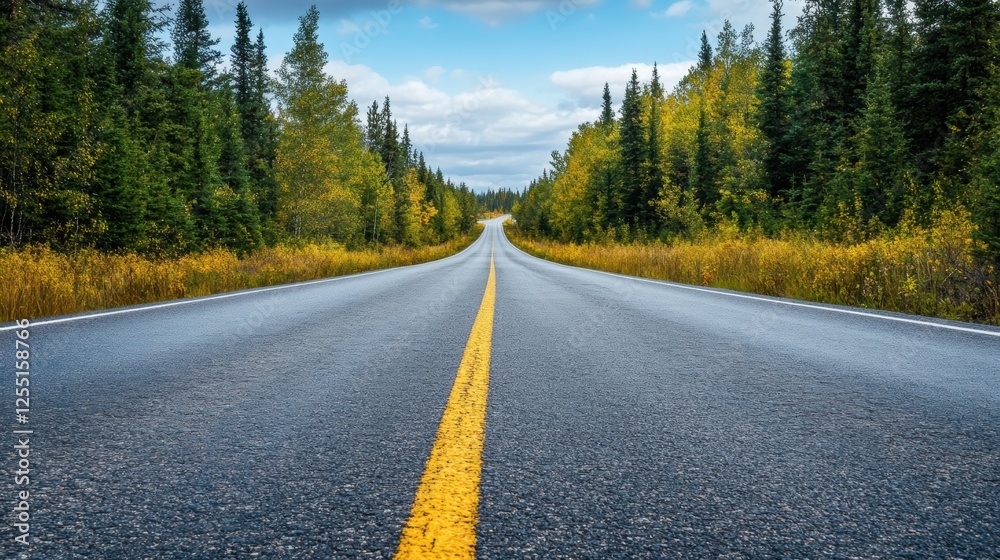 Poster straight road leads into a dense green forest with vibrant autumn colors and a cloudy sky above. gen