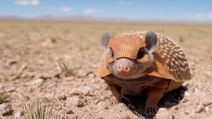 Fototapeta premium Cute armadillo in arid landscape, sunny day