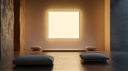A peaceful, Zen-inspired space with low furniture, soft lighting, and a blank white frame.