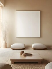 A peaceful, Zen-inspired space with low furniture, soft lighting, and a blank white frame.