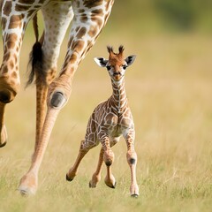A baby giraffe taking its first wobbly steps under the watchful eye of its mother.