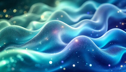 Obraz premium Abstract Digital Landscape with Wavy Forms and Glowing Particles Backdrop