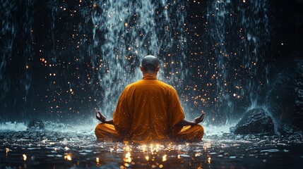 Obraz premium Meditating Monk Performing Martial Arts Routine Under Cascading Waterfall Droplets Sparkling Around