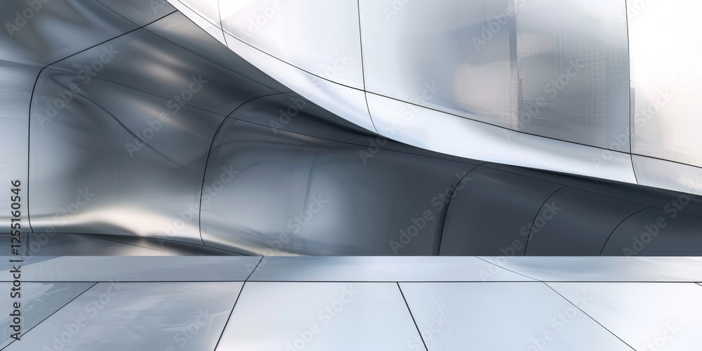 Poster a futuristic minimalist concept with a sleek metallic background, minimalist shapes and metallic tex