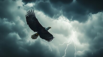 Fototapeta premium A bald eagle soaring through a violent thunderstorm, lightning flashing behind it.