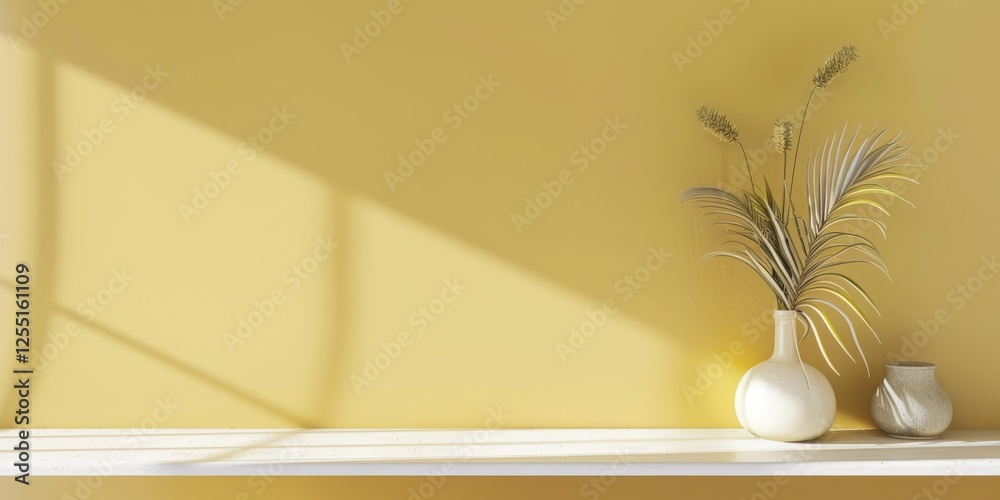 Poster a gentle minimalist layout featuring a soft buttery yellow background, smooth surfaces and light ton