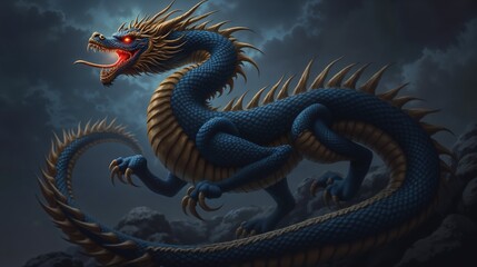 Fototapeta premium Majestic blue dragon perched on rocky terrain under a stormy sky