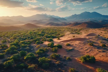 Fototapete Rund A stunning aerial view of a semi-arid landscape with rolling sand dunes, scattered green vegetation, and distant mountains under a golden sunset sky. © Danica