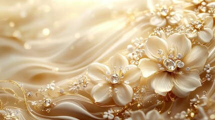 Fototapeta premium Elegant cream-colored flowers adorned with golden gems and pearls on a flowing cream fabric background.
