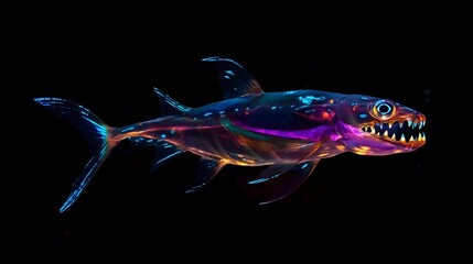 A bioluminescent fish with sharp teeth, glowing faintly in the darkness.