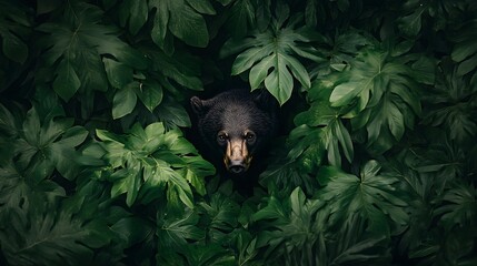 A black bear emerging from dense foliage, its dark eyes scanning the area.